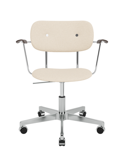 Logan Jasmine upholstered Co Task Chair with dark stained oak armrests and a chrome swivel base with casters.
