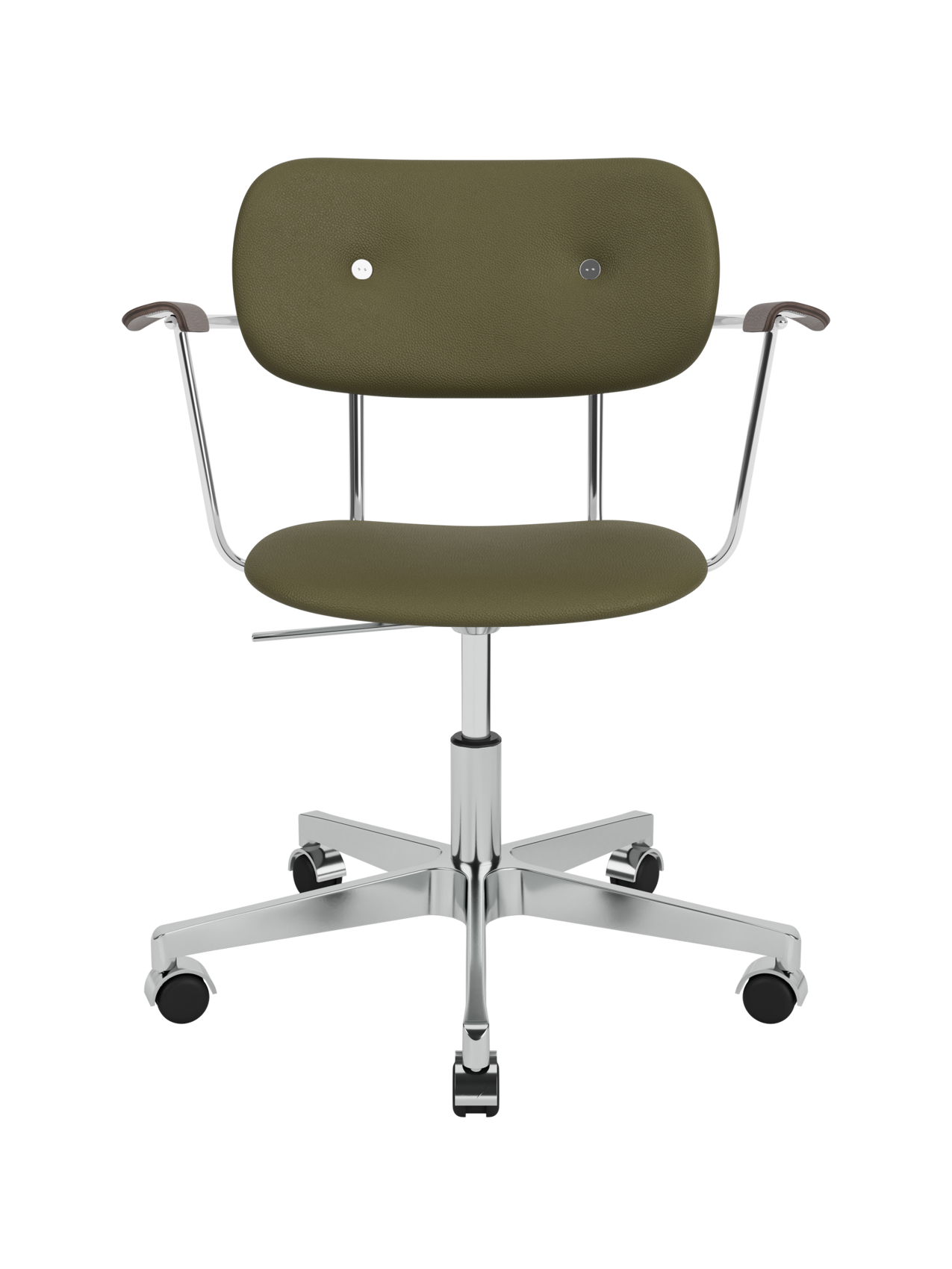 Co Task Chair in olive Sierra leather with dark stained oak armrests and a chrome five-star swivel base with casters.