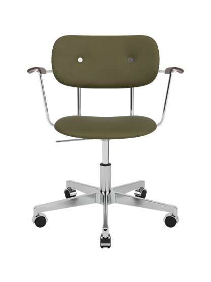Co Task Chair in olive Sierra leather with dark stained oak armrests and a chrome five-star swivel base with casters.