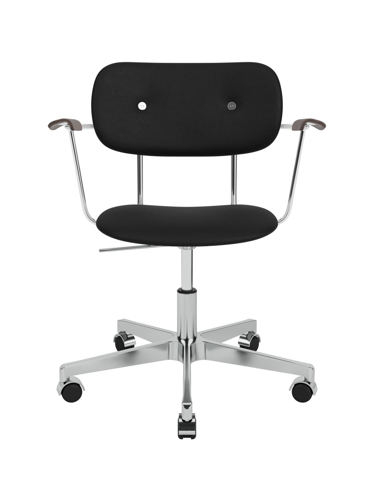 Black Sierra leather Co Task Chair with dark stained oak armrests on a polished chrome swivel base with casters.
