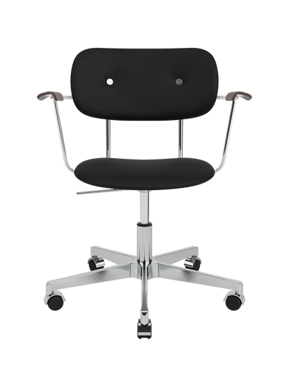 Black Sierra leather Co Task Chair with dark stained oak armrests on a polished chrome swivel base with casters.