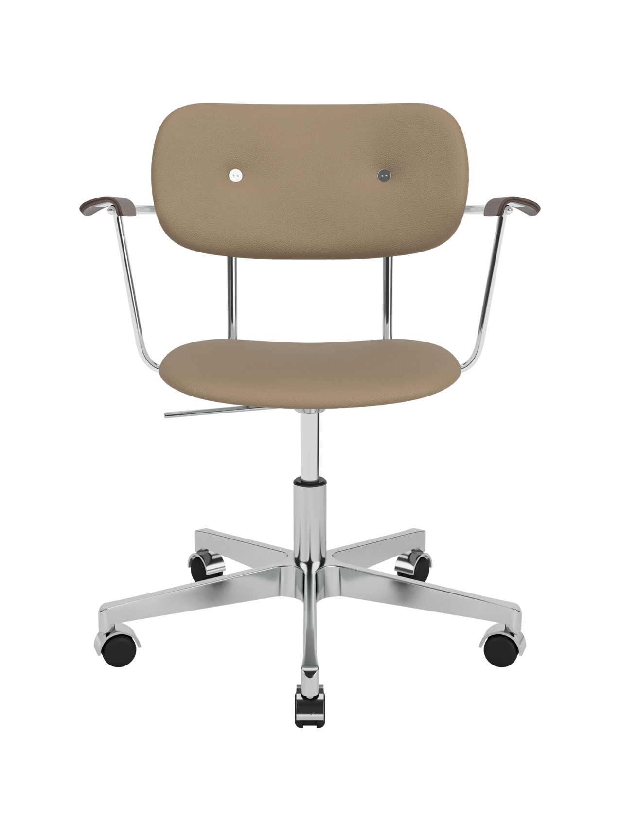 Co Task Chair in Sierra 1611 leather with dark stained oak armrests and a height-adjustable chrome swivel base.