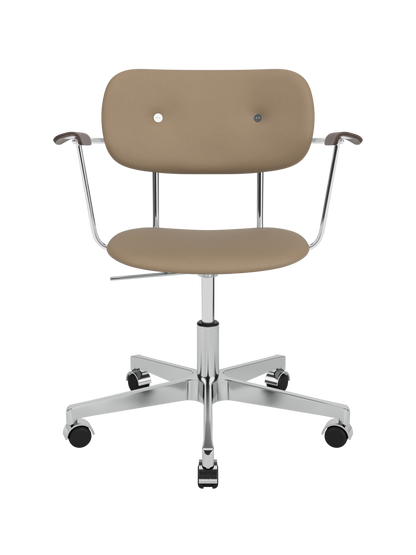Co Task Chair in Sierra 1611 leather with dark stained oak armrests and a height-adjustable chrome swivel base.