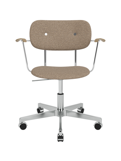 Co Task Chair with Logan Flint upholstery, Natural Oak armrests and a polished chrome five-star base with casters.