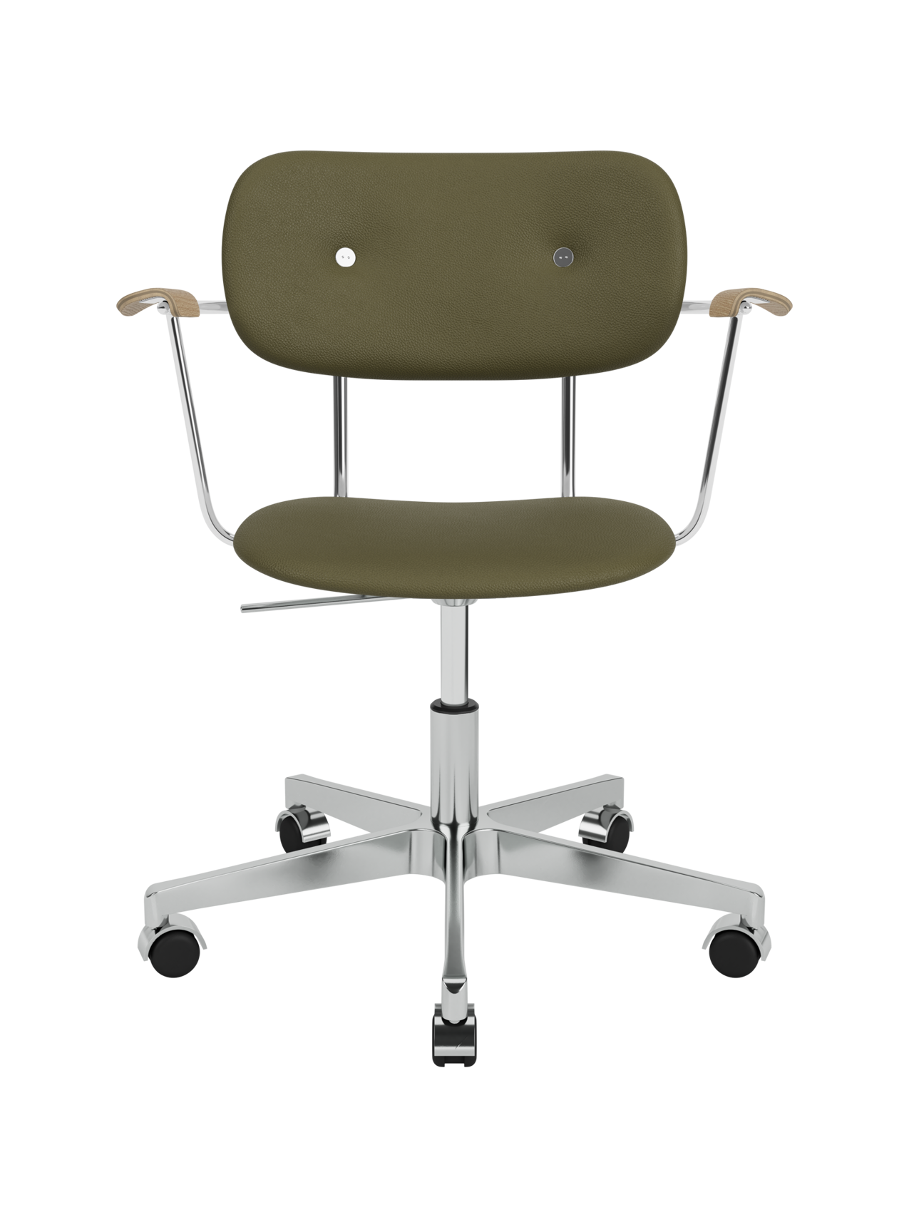 Co Task Chair with Sierra 0441 upholstery, natural oak armrests and a polished chrome swivel base with casters.