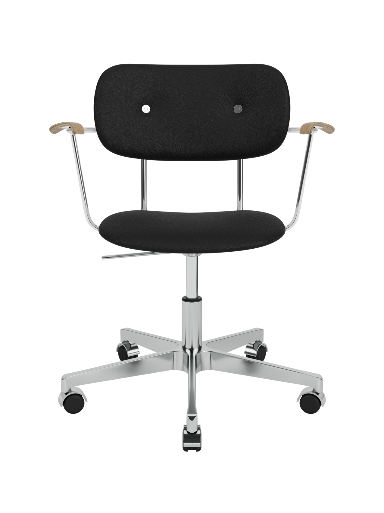 Black Co Task Chair with natural oak armrests and a chrome five-star base with casters on a white background.