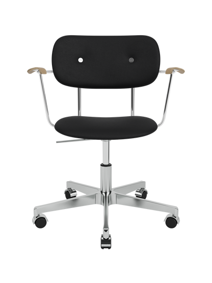 Black Co Task Chair with natural oak armrests and a chrome five-star base with casters on a white background.