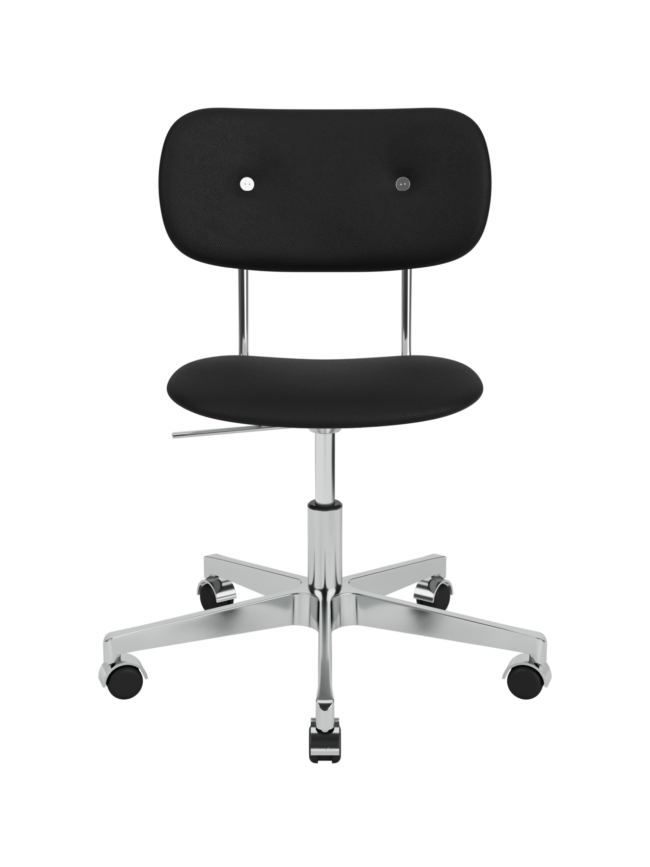 Black upholstered Co Task Chair in Sierra leather with a polished aluminium swivel base and casters.