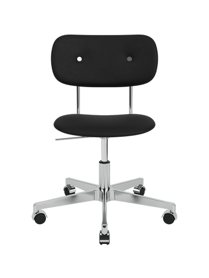 Black upholstered Co Task Chair in Sierra leather with a polished aluminium swivel base and casters.