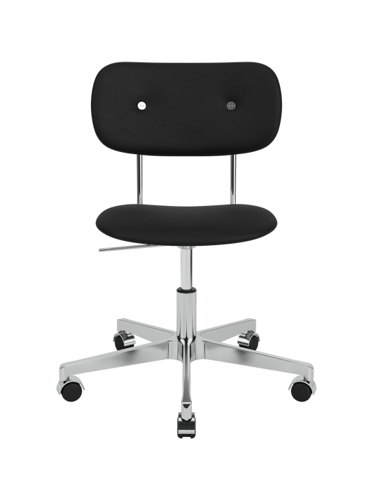 Black upholstered Co Task Chair in Sierra leather with a polished aluminium swivel base and casters.