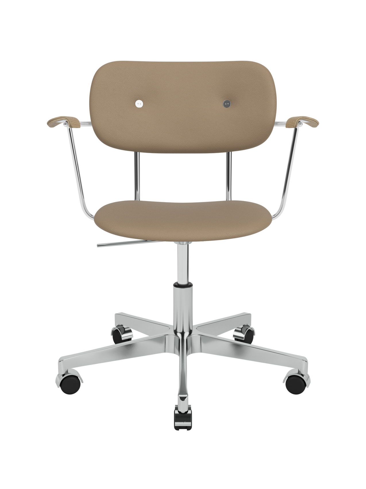 Co Task Chair in tan Sierra 1611 upholstery with natural oak armrests and a chrome height-adjustable swivel base.
