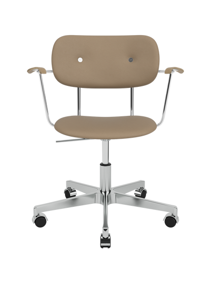 Co Task Chair in tan Sierra 1611 upholstery with natural oak armrests and a chrome height-adjustable swivel base.