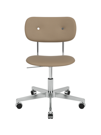 Fully upholstered Co Task Chair with tan Sierra 1611 leather and a polished aluminium five-star swivel base.