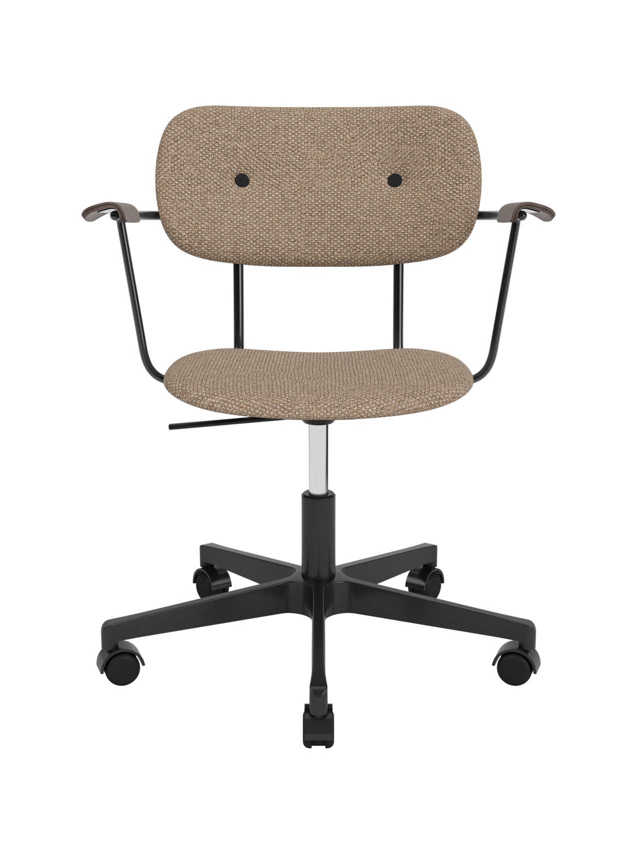 Co Task Chair featuring Logan Flint upholstery, dark-stained oak armrests and a black five-star swivel base.