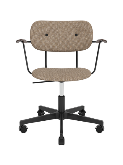 Co Task Chair featuring Logan Flint upholstery, dark-stained oak armrests and a black five-star swivel base.