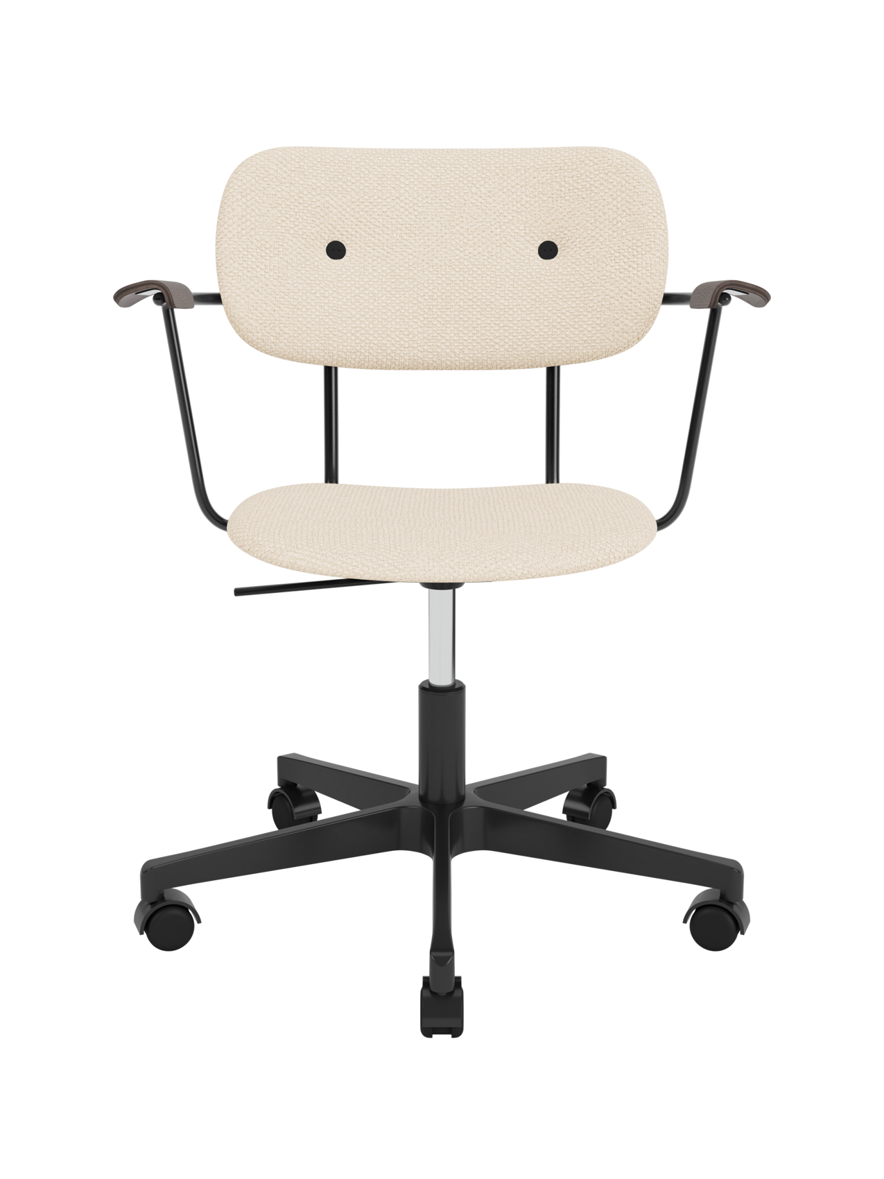 Fully upholstered Co Task Chair in Logan Jasmine with dark stained oak armrests and a black swivel base with castors.