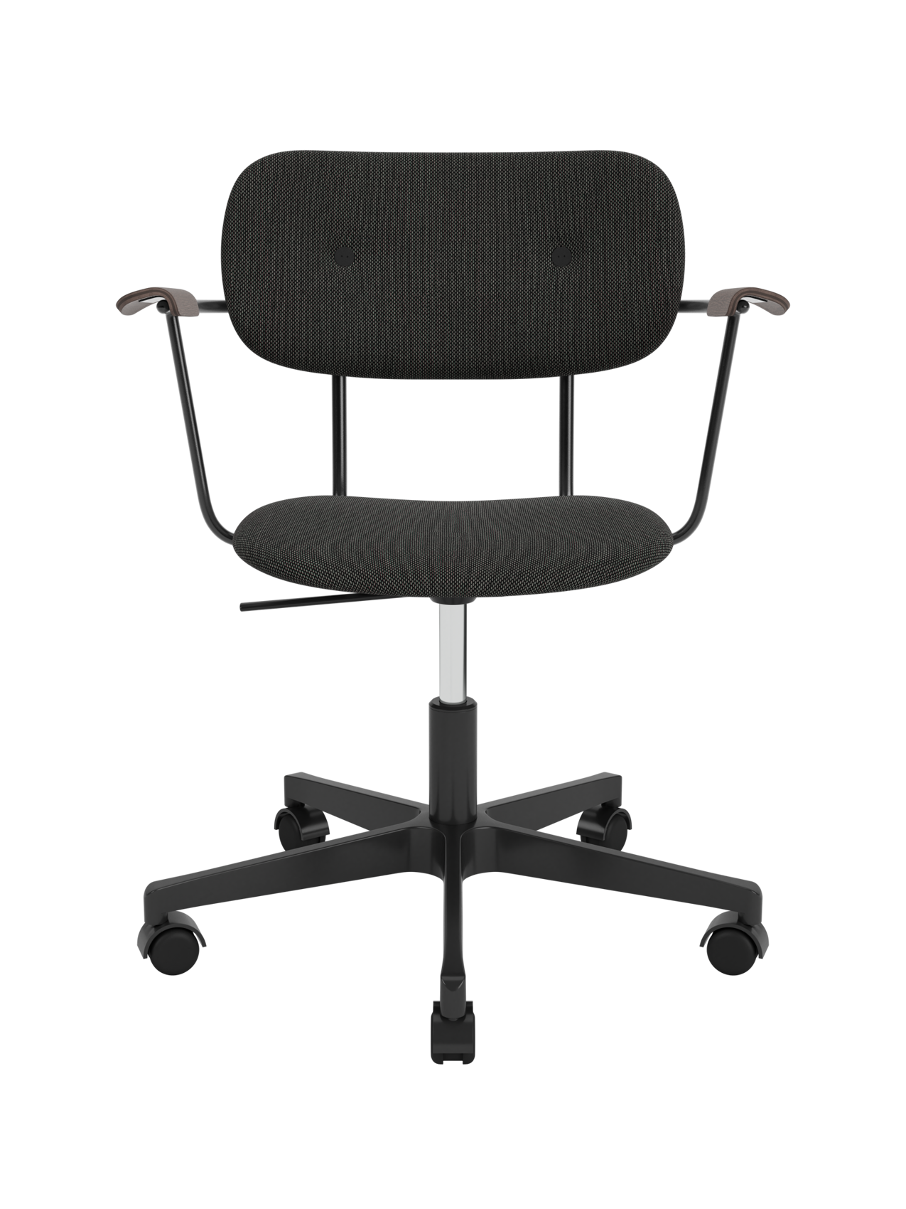 Fully upholstered Co Task Chair with grey Re-wool fabric, dark stained oak armrests and a black swivel base on casters.
