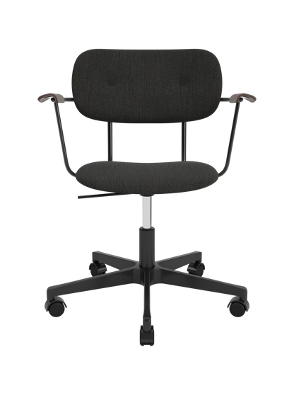 Fully upholstered Co Task Chair with grey Re-wool fabric, dark stained oak armrests and a black swivel base on casters.