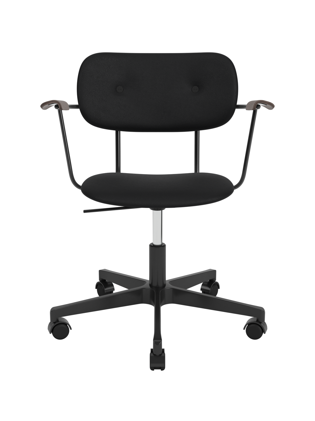 Black Co Task Chair with Sierra 1001 upholstery, dark-stained oak armrests, and a five-star swivel base on casters.