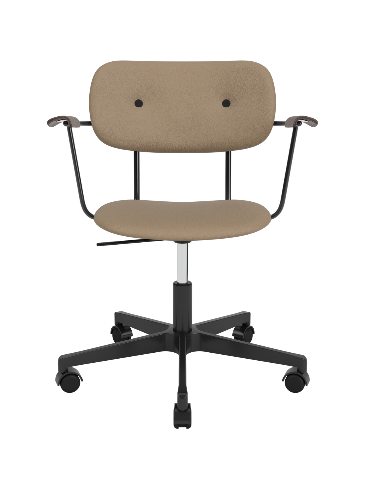 Fully upholstered Co Task Chair with tan Sierra 1611 upholstery and dark stained oak armrests on a black swivel base.