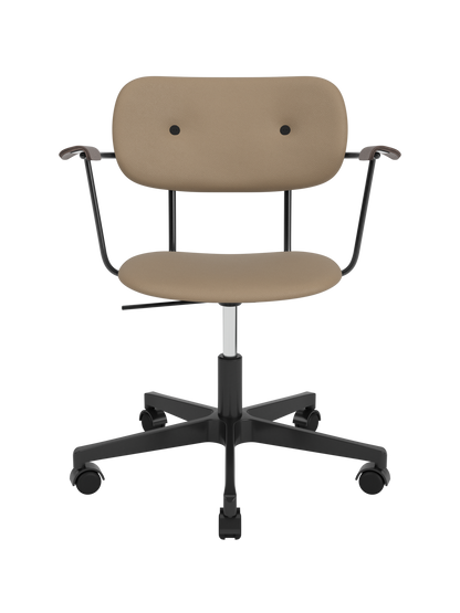 Fully upholstered Co Task Chair with tan Sierra 1611 upholstery and dark stained oak armrests on a black swivel base.
