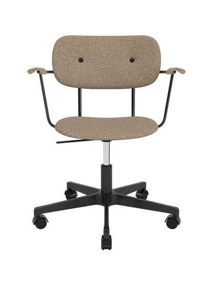 Co Task Chair featuring Logan Flint upholstery, natural oak armrests and a black five-star swivel base with casters.