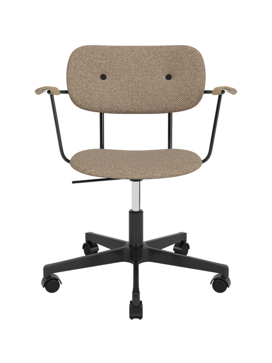 Co Task Chair featuring Logan Flint upholstery, natural oak armrests and a black five-star swivel base with casters.