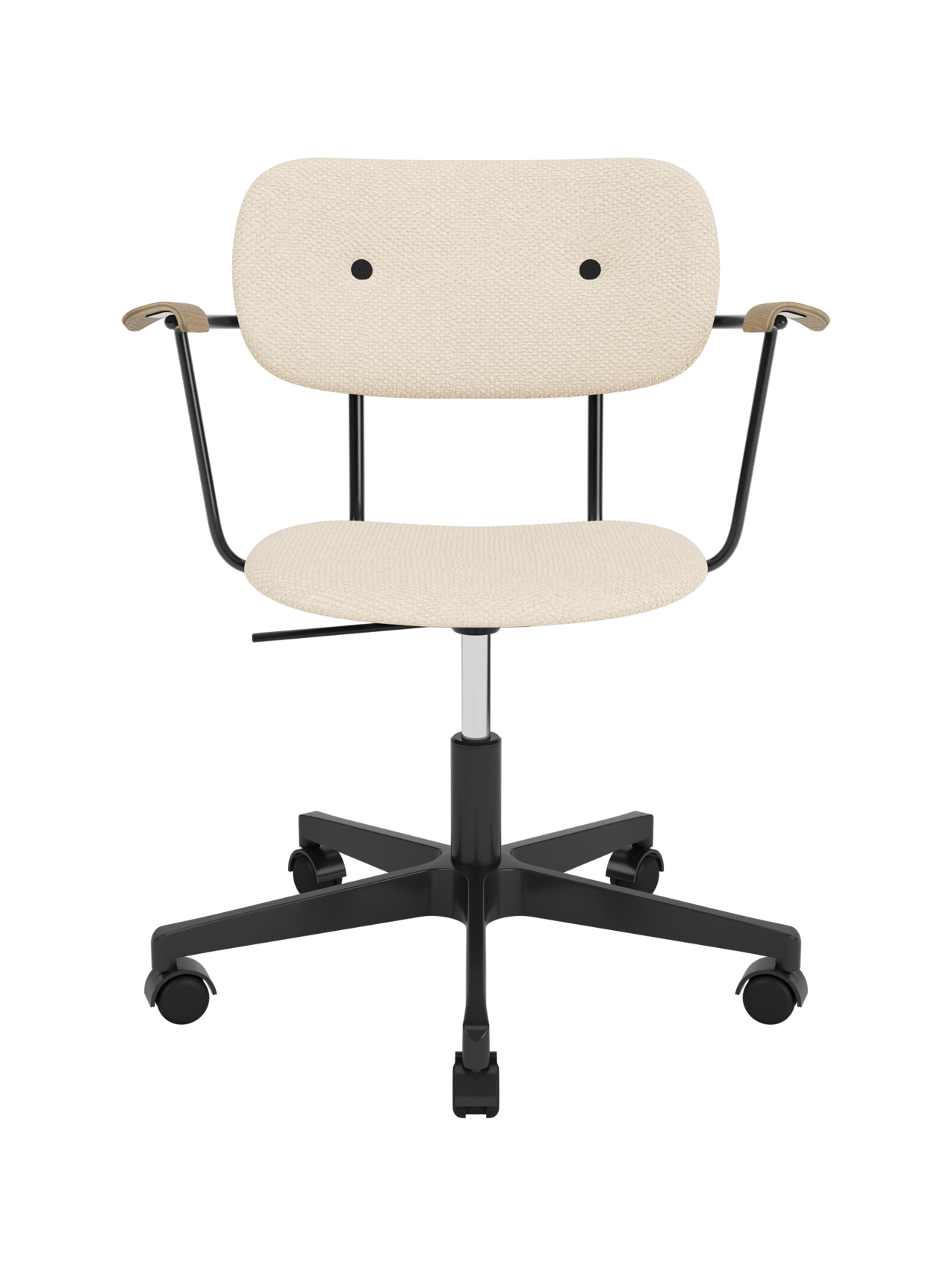 Co Task Chair in Logan Jasmine fabric with natural oak armrests and a black five-star swivel base with casters.