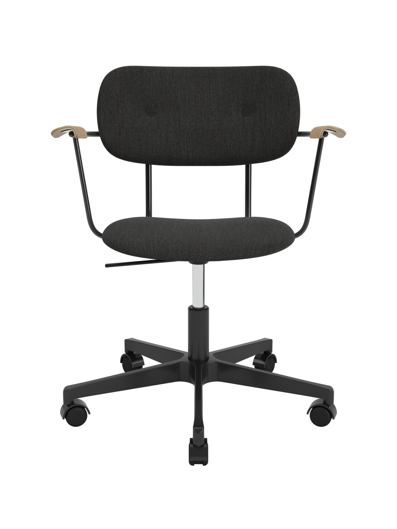 Co Task Chair with dark grey Re-wool upholstery, natural oak armrests, and a black five-star swivel base with casters.