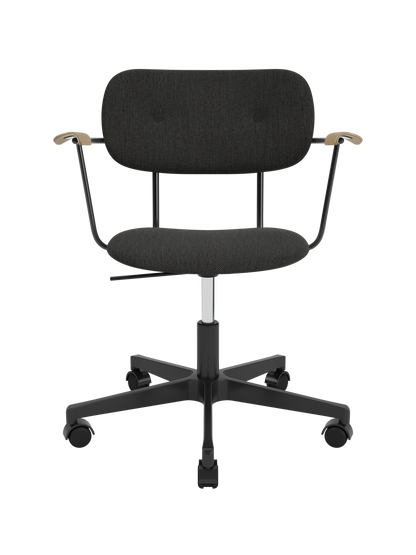 Co Task Chair with dark grey Re-wool upholstery, natural oak armrests, and a black five-star swivel base with casters.