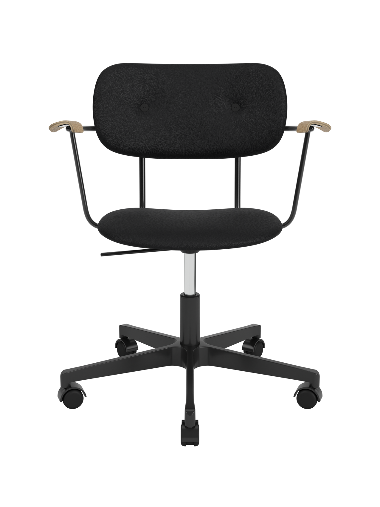 Fully upholstered Co Task Chair in black Sierra leather with natural oak armrests and a black swivel base on castors.