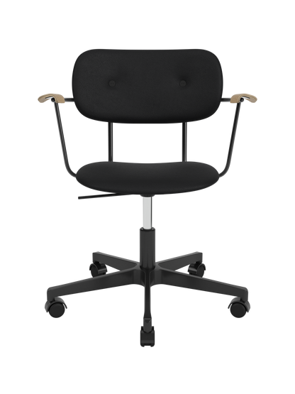 Fully upholstered Co Task Chair in black Sierra leather with natural oak armrests and a black swivel base on castors.