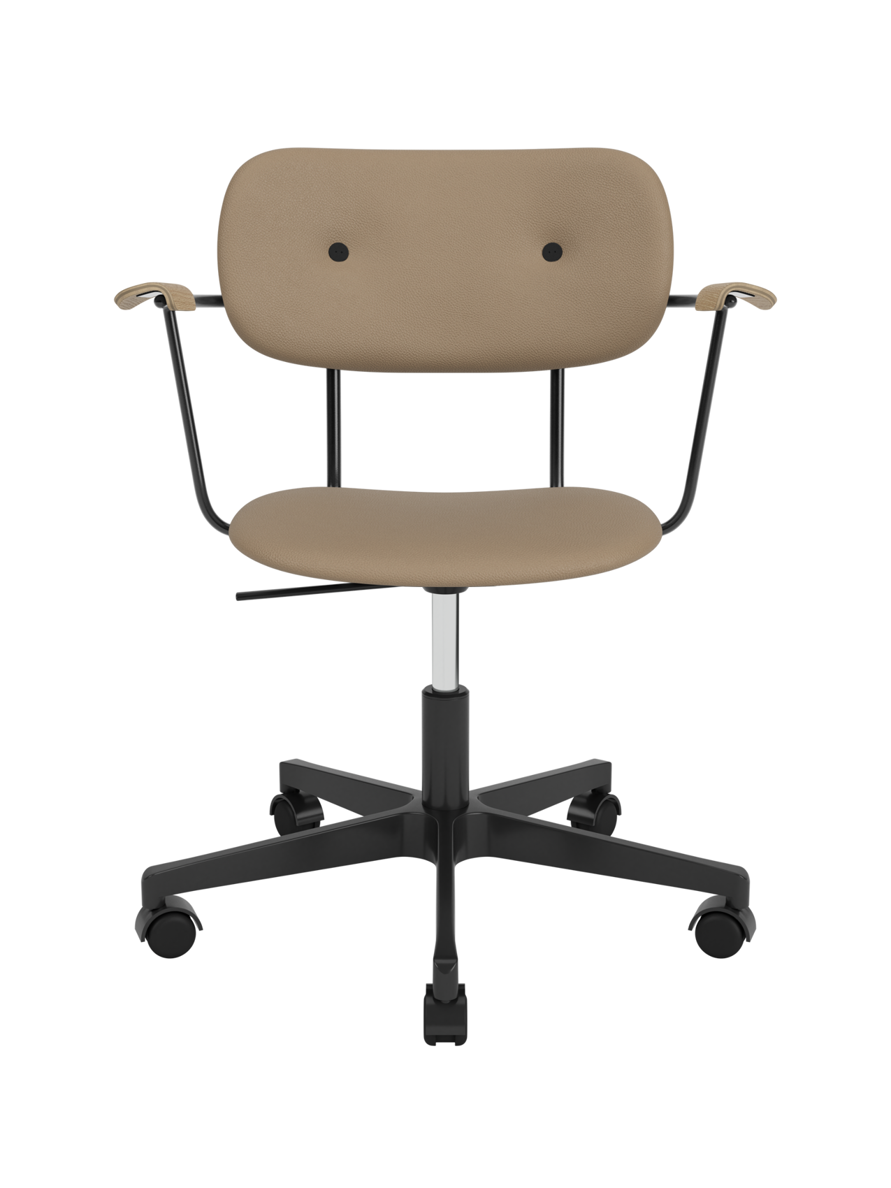 Audo Co Task Chair with tan Sierra 1611 leather upholstery, natural oak armrests and a black swivel base with casters.