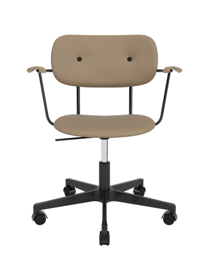 Audo Co Task Chair with tan Sierra 1611 leather upholstery, natural oak armrests and a black swivel base with casters.