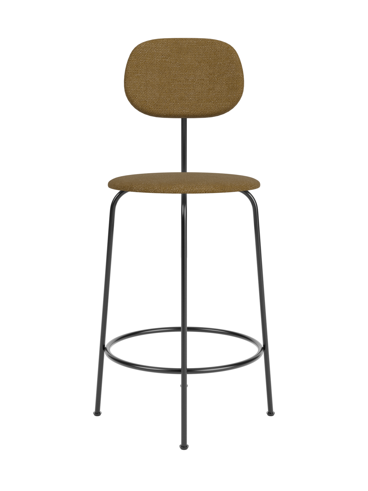 Afteroom Counter Chair Plus in brown bouclé fabric with a minimalist black metal frame and circular footrest.