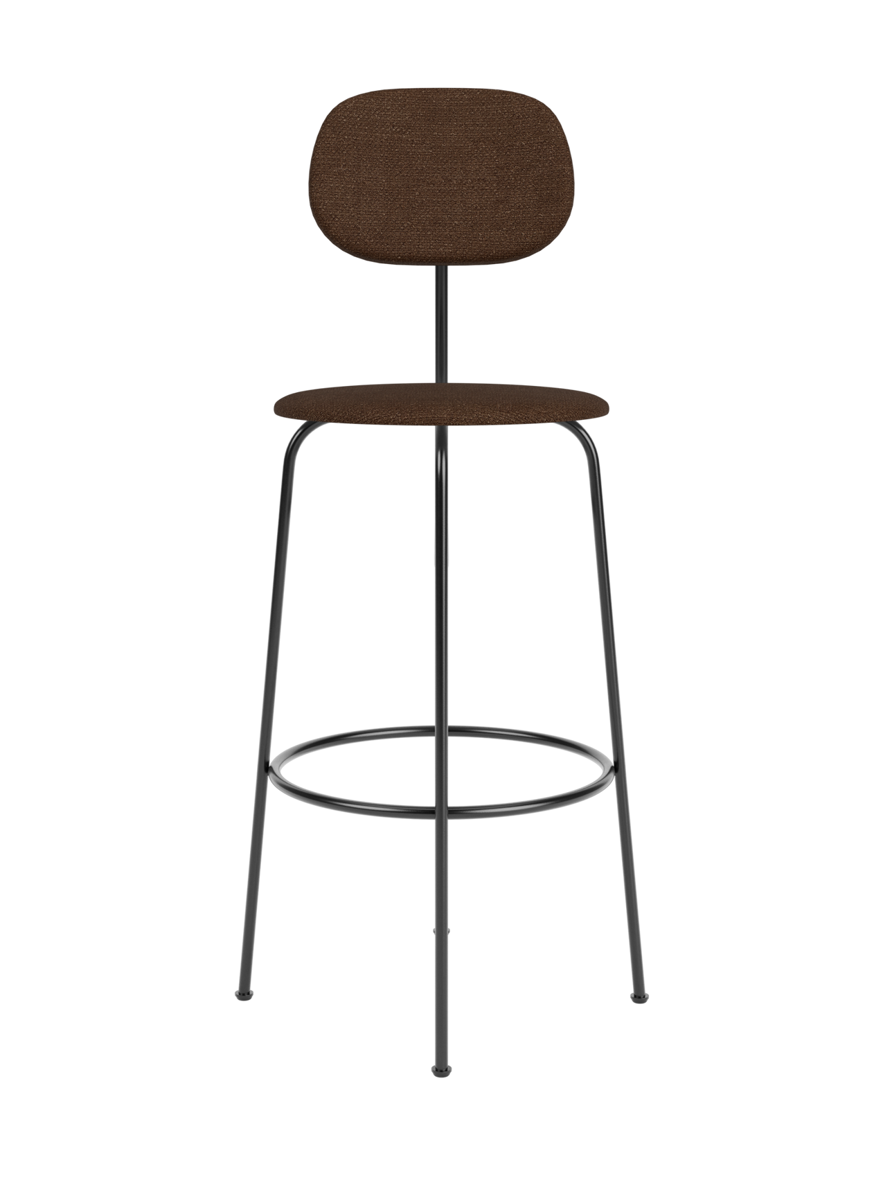 Afteroom Bar Chair Plus featuring brown Bouclé upholstery and a minimalist black metal frame with a circular foot ring.