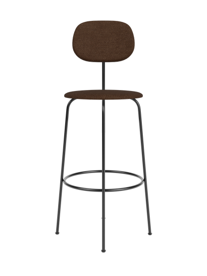 Afteroom Bar Chair Plus featuring brown Bouclé upholstery and a minimalist black metal frame with a circular foot ring.