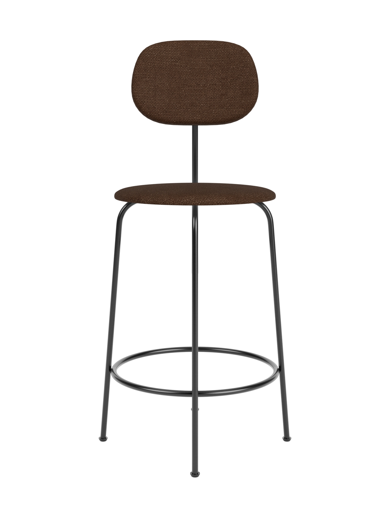 Afteroom Counter Chair Plus in brown bouclé upholstery with a slim black metal frame and integrated footrest.