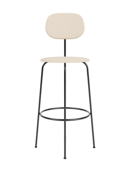 Afteroom Bar Chair Plus with a fully upholstered seat and back in Logan Jasmine on a black powder-coated steel frame.