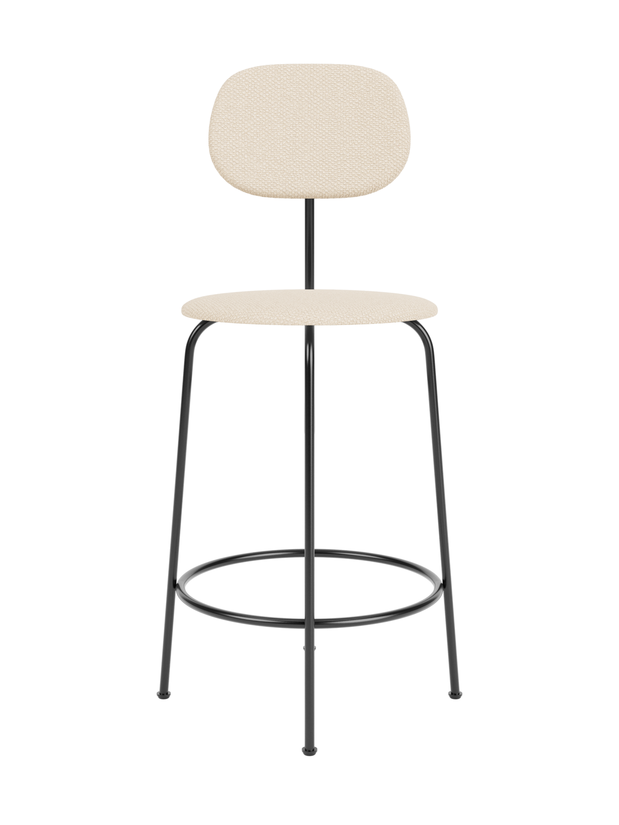 Afteroom Counter Chair Plus in Logan Jasmin beige fabric with a minimalist black powder-coated metal frame and footrest.