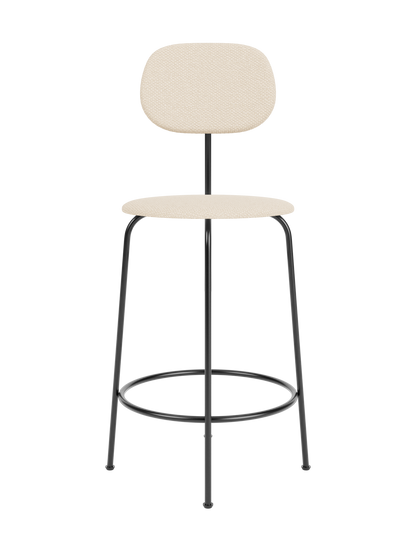 Afteroom Counter Chair Plus in Logan Jasmin beige fabric with a minimalist black powder-coated metal frame and footrest.