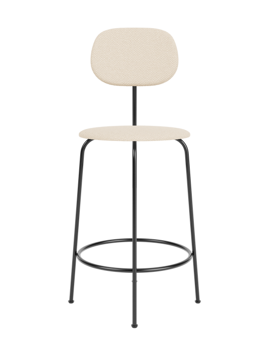 Afteroom Counter Chair Plus in Logan Jasmin beige fabric with a minimalist black powder-coated metal frame and footrest.