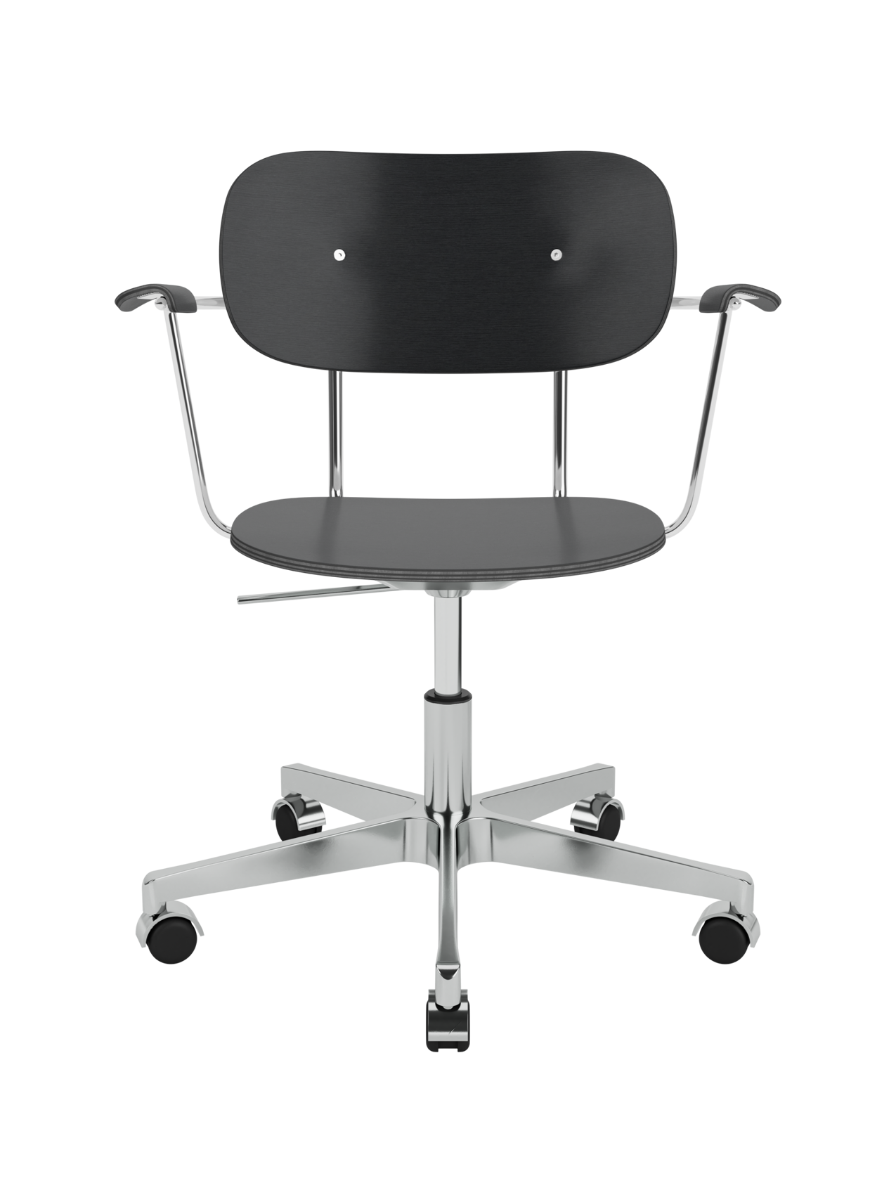 Black oak veneer Co Task Chair with armrests and a polished aluminium five-star base on castors.