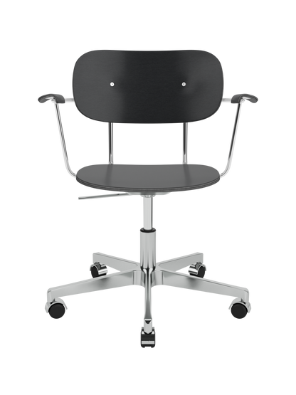 Black oak veneer Co Task Chair with armrests and a polished aluminium five-star base on castors.