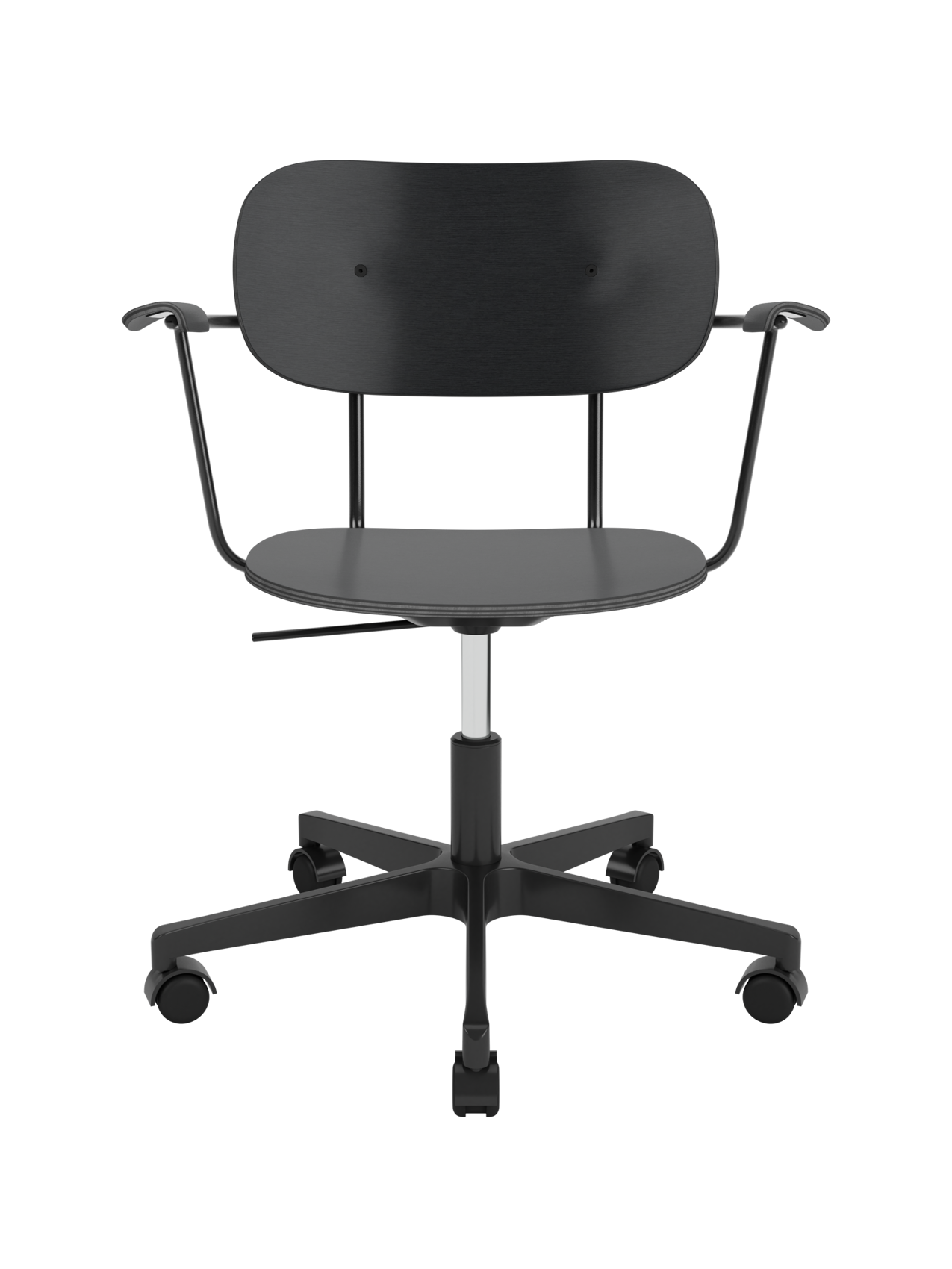 Co Task Chair in black painted oak veneer with armrests and a height-adjustable five-star swivel base with castors.