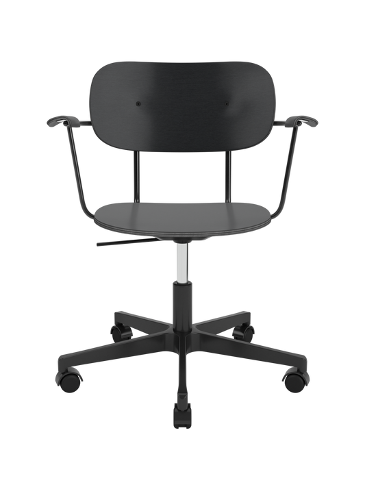 Co Task Chair in black painted oak veneer with armrests and a height-adjustable five-star swivel base with castors.