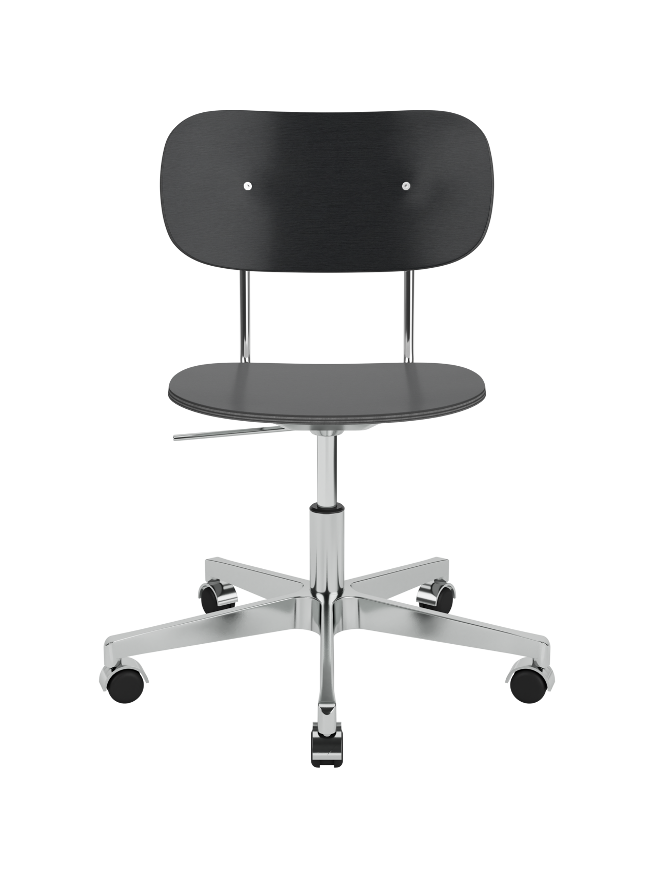 Black painted oak veneer Co Task Chair featuring a height-adjustable chrome base with five rolling castors.