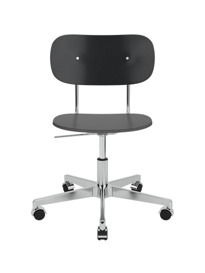 Black painted oak veneer Co Task Chair featuring a height-adjustable chrome base with five rolling castors.
