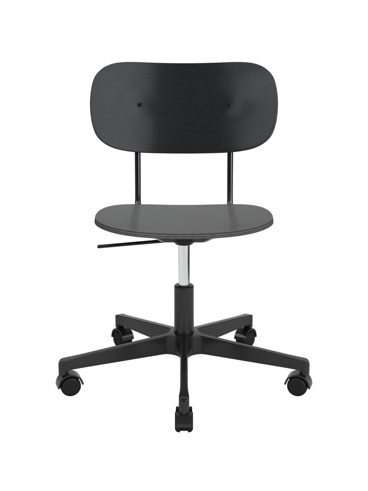 Black painted oak Co Task Chair with veneer seat and back on a height-adjustable five-star swivel base with castors.
