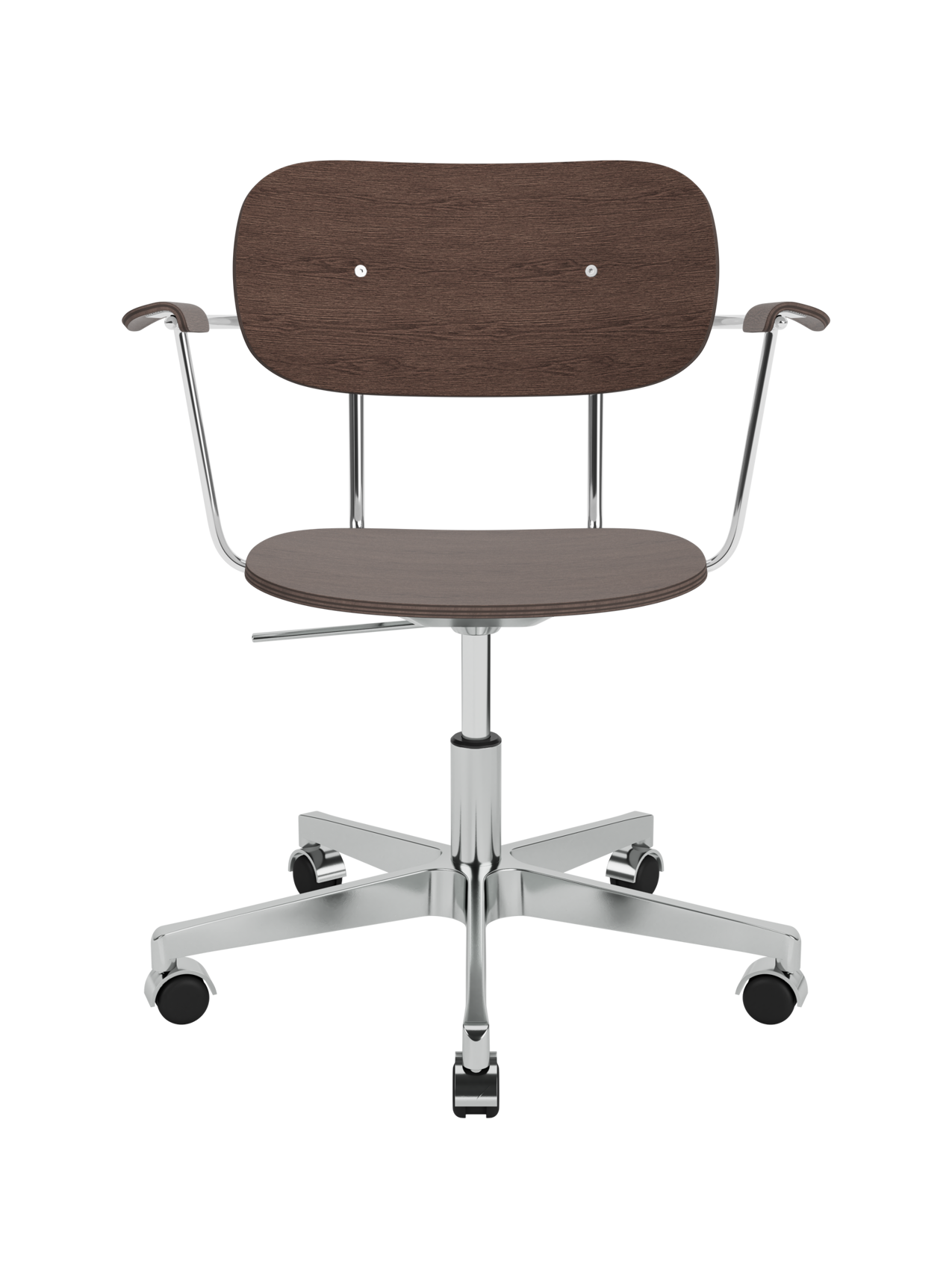 Co Task Chair with dark stained oak veneer, armrests and a polished aluminium five-star swivel base with castors.
